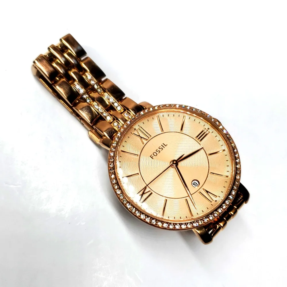 Fossil Watch ES-3546 Rose Gold Wristband Large Face Crystal Bling